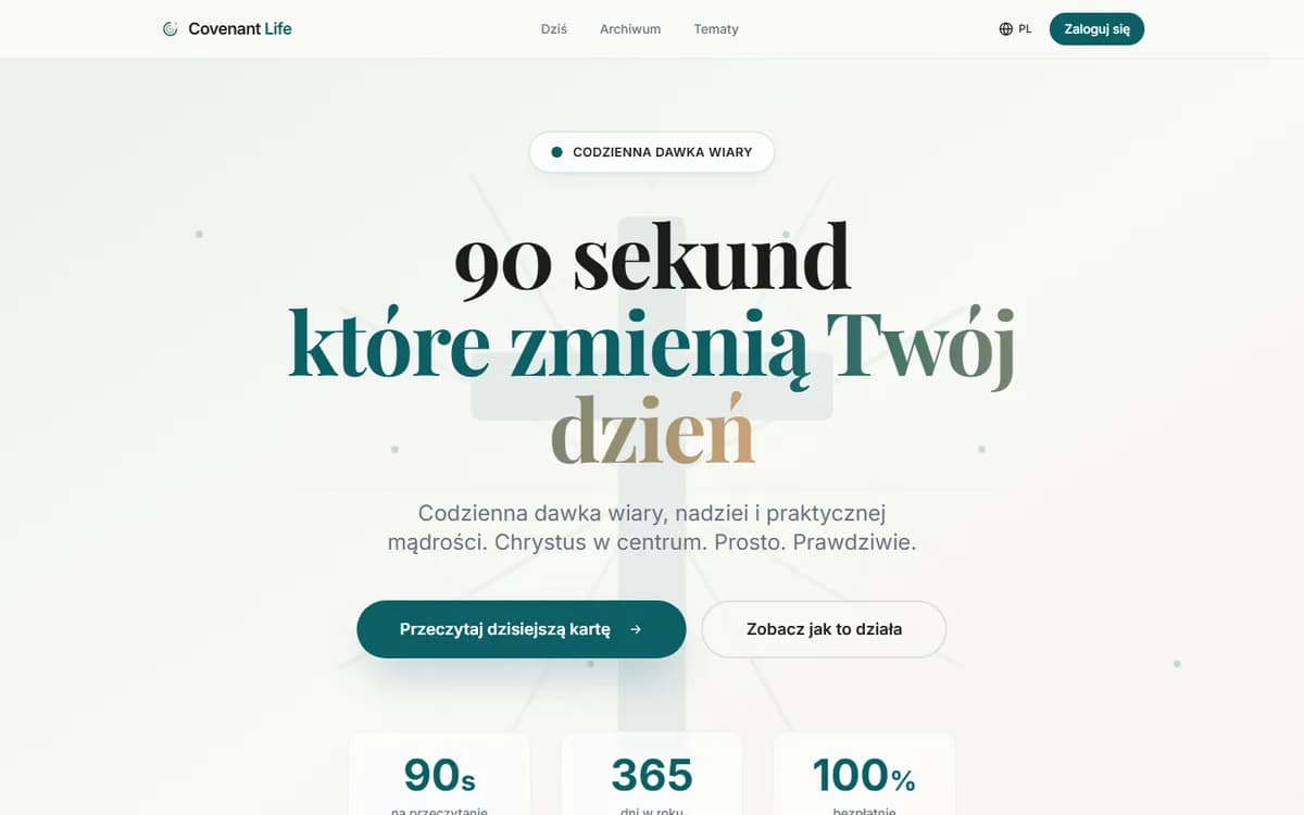 Polska wersja covenantlife.net: nagłówek o 90 sekundach, które zmieniają dzień, i przycisk dzisiejszej karty
