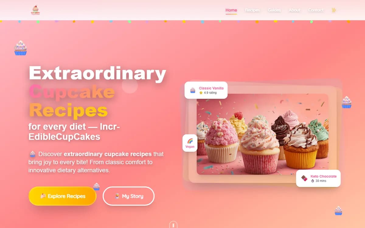 Strona główna incr-ediblecupcakes.com: nagłówek o przepisach na babeczki i zdjęcie babeczek