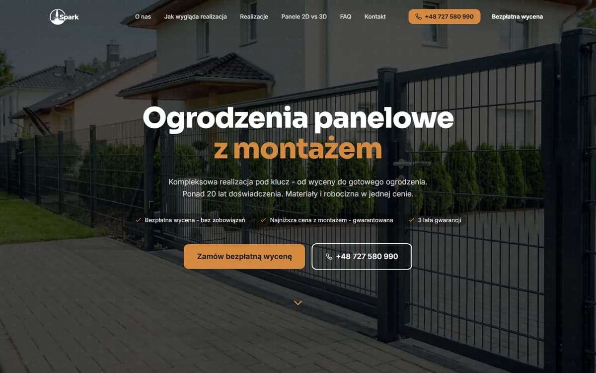 Strona główna firmy ogrodzeniowej: nagłówek o ogrodzeniach panelowych z montażem i przycisk bezpłatnej wyceny