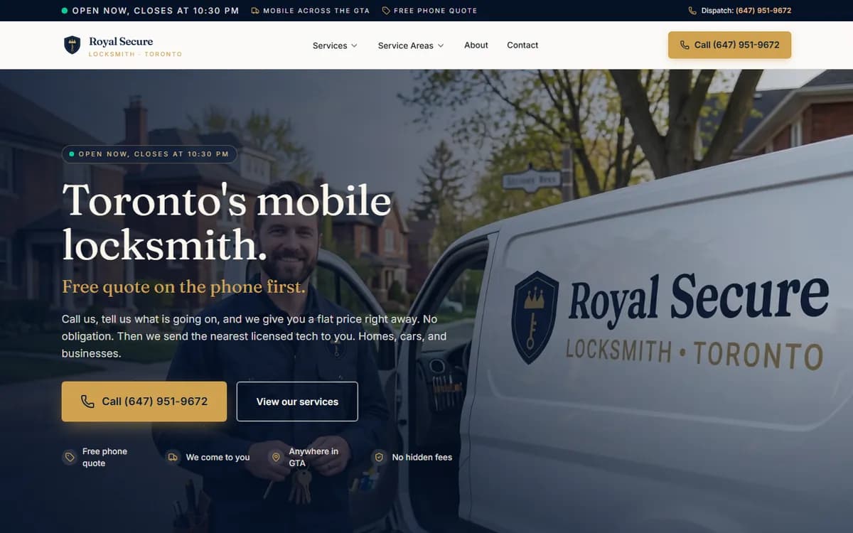 Strona główna ślusarza mobilnego z Toronto: numer telefonu i przycisk połączenia